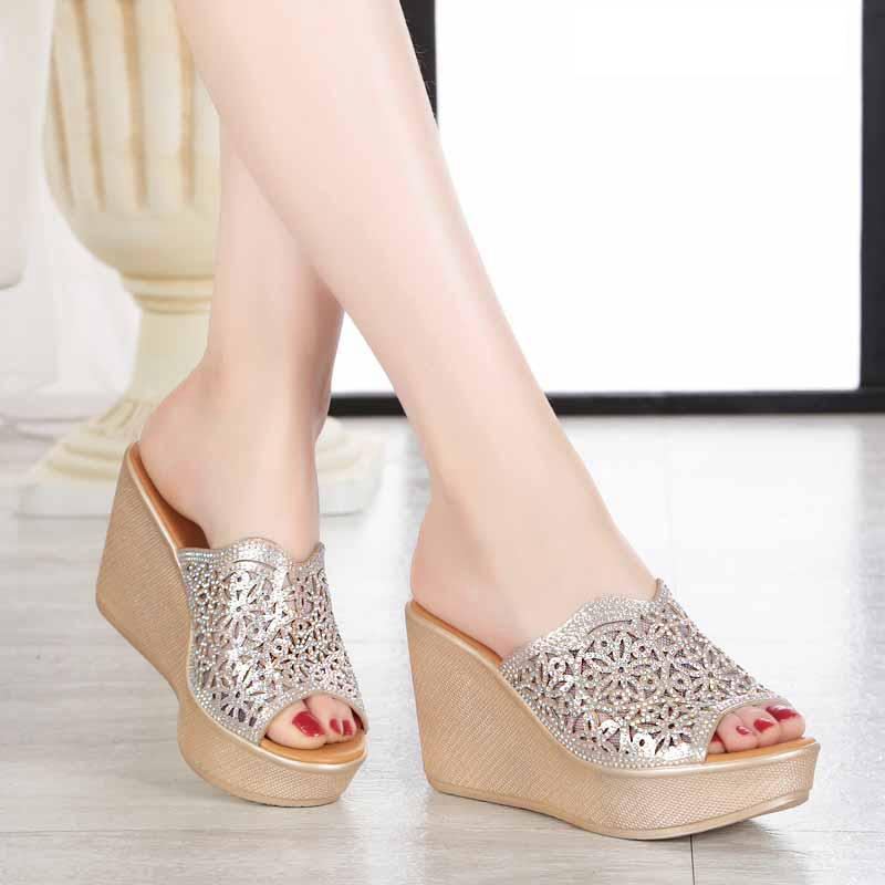 Rhinestone High Slope Heel Liukumattomat Sandaalit Ja Tossut Koko 11. Syyskuuta