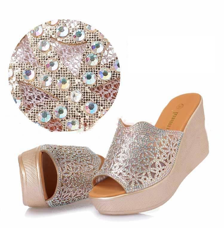 Rhinestone High Slope Heel Liukumattomat Sandaalit Ja Tossut Koko 11. Syyskuuta