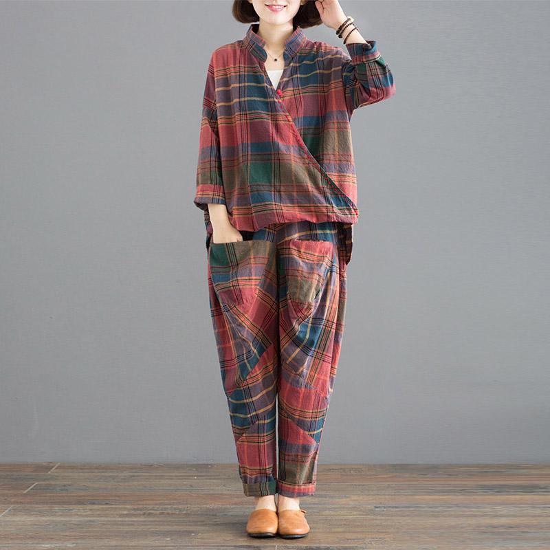 Spring Loose Casual Plaid Kaksiosainen Setti