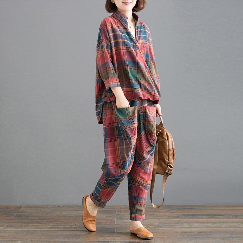 Spring Loose Casual Plaid Kaksiosainen Setti