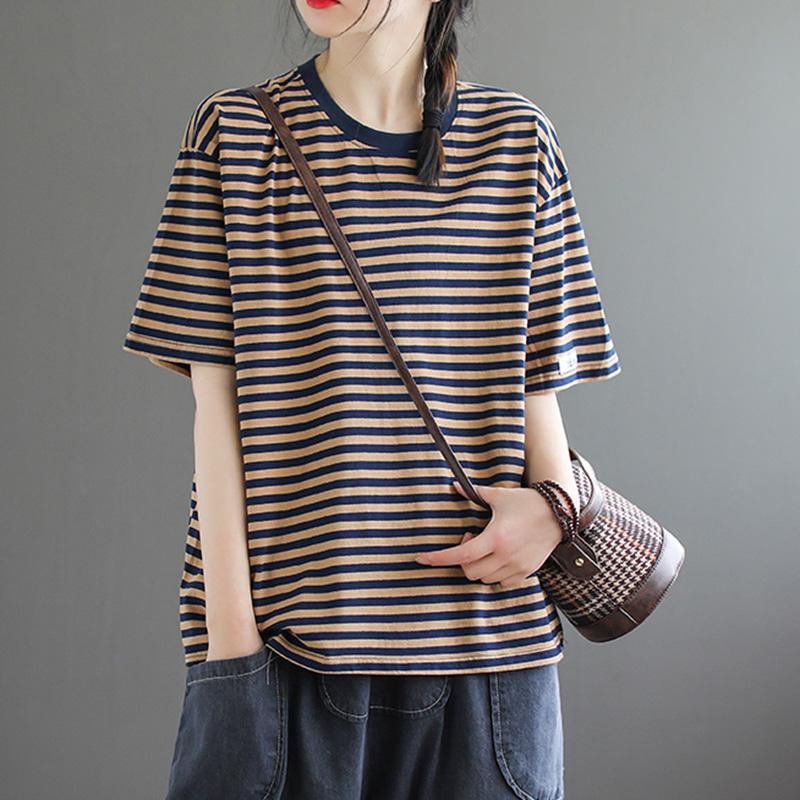 Loose Casual Lyhythihainen Cotton Stripe T-paita