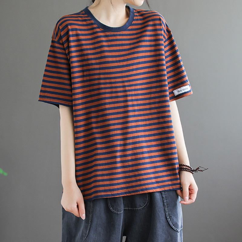 Loose Casual Lyhythihainen Cotton Stripe T-paita