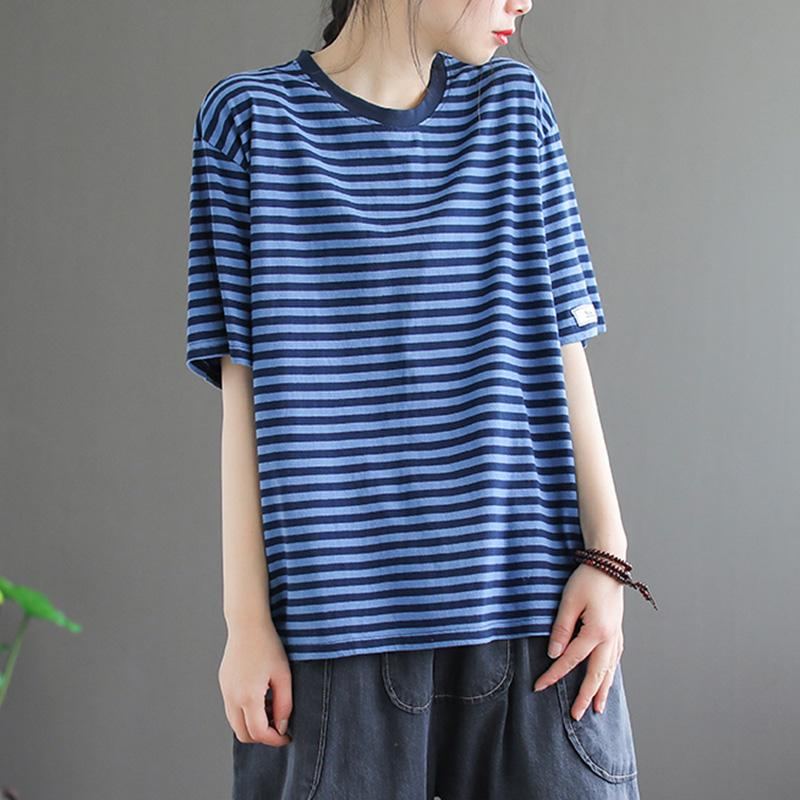 Loose Casual Lyhythihainen Cotton Stripe T-paita