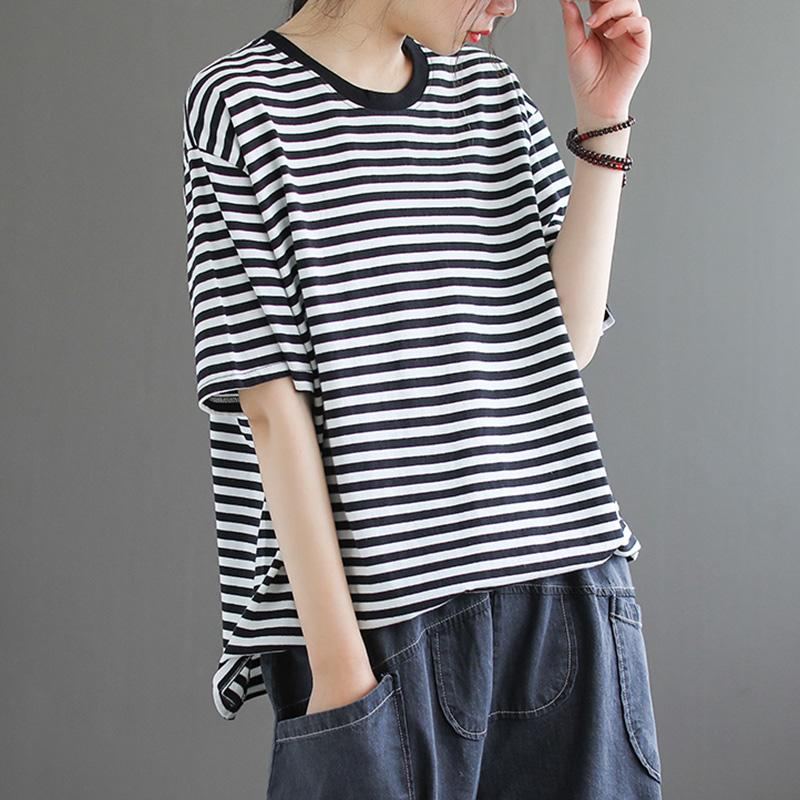 Loose Casual Lyhythihainen Cotton Stripe T-paita