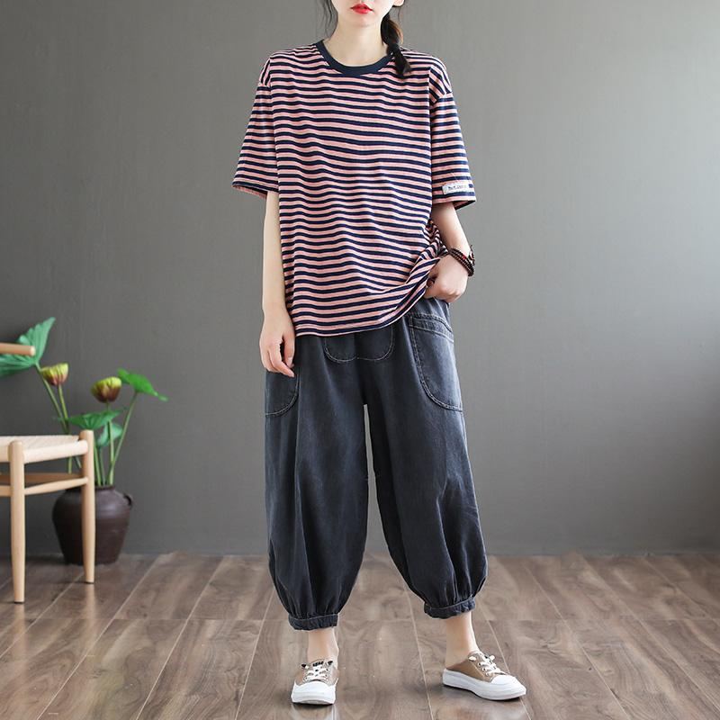 Loose Casual Lyhythihainen Cotton Stripe T-paita