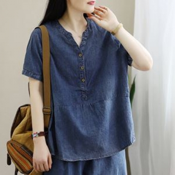 Naisten Kesämuoti Loose Tencel Cotton Denim T-paita