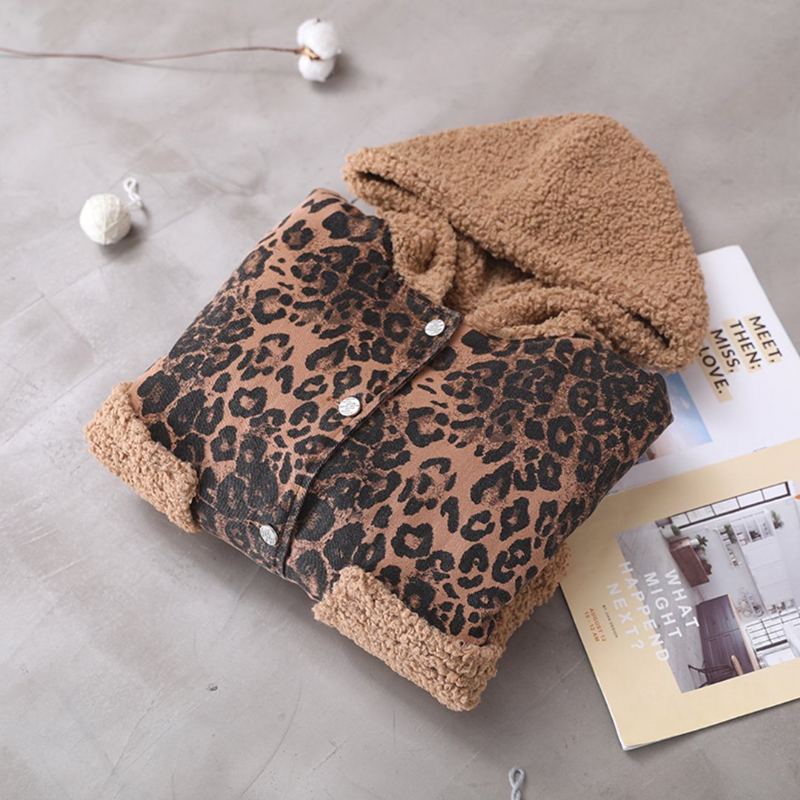 Cashmere Teddy Bear Leopard-ompeleinen Hupullinen Takki