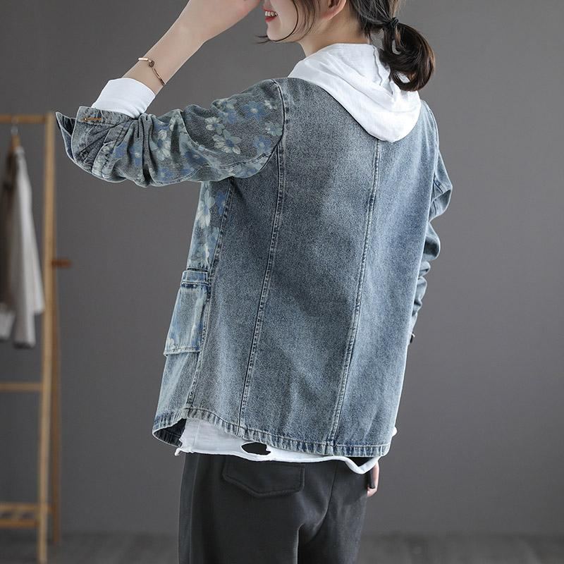 Retro Pesty Vintage Print Denim-takki