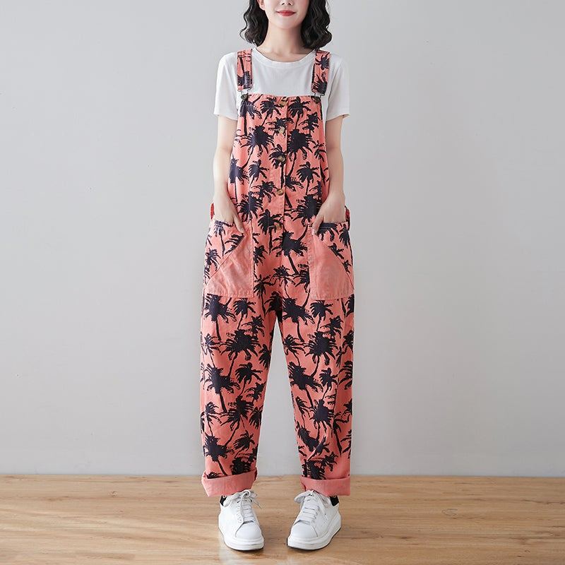 Kevät Retro Plants Print Loose Denim Jumpsuit