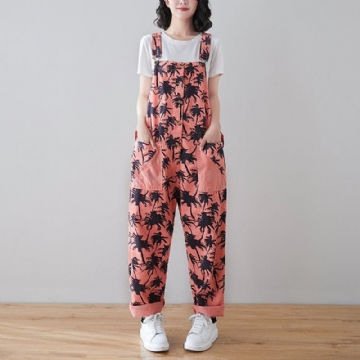 Kevät Retro Plants Print Loose Denim Jumpsuit