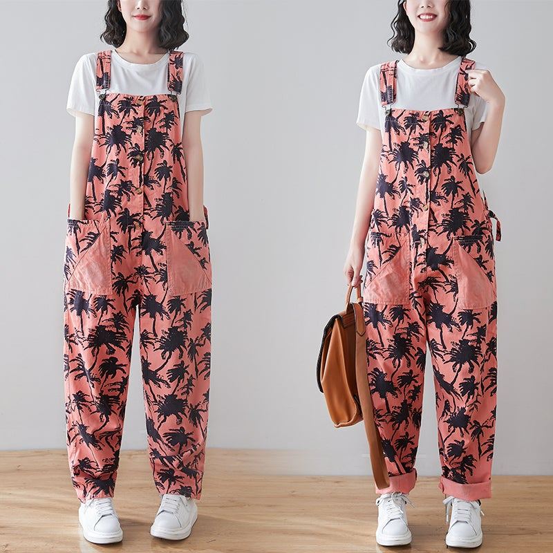 Kevät Retro Plants Print Loose Denim Jumpsuit