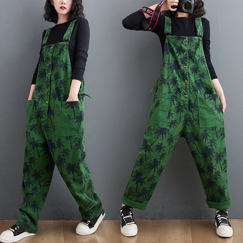 Kevät Retro Plants Print Loose Denim Jumpsuit