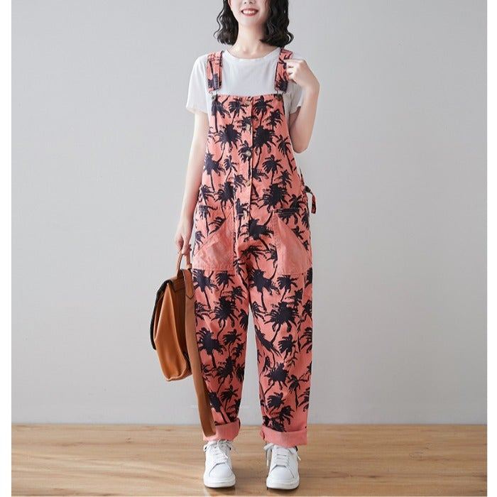 Kevät Retro Plants Print Loose Denim Jumpsuit