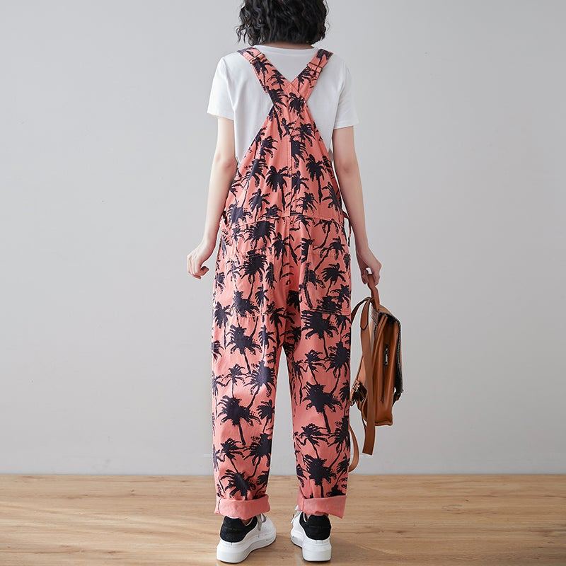 Kevät Retro Plants Print Loose Denim Jumpsuit