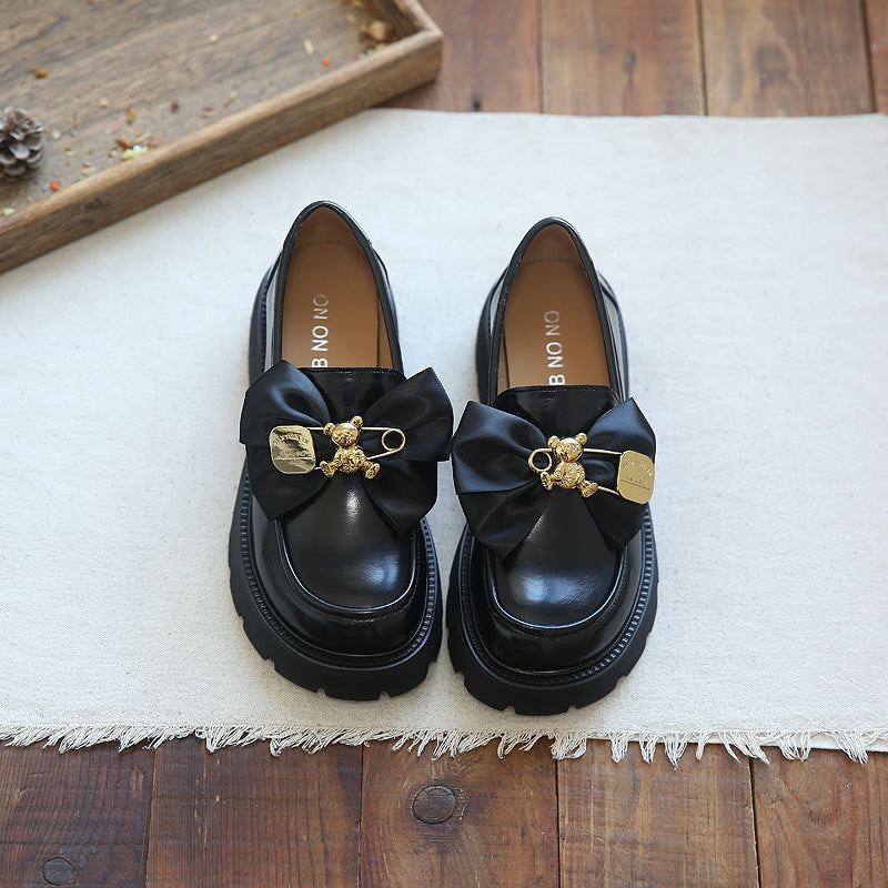 Naisten Bowknot Rento Nahkainen Wedge Black Loafers