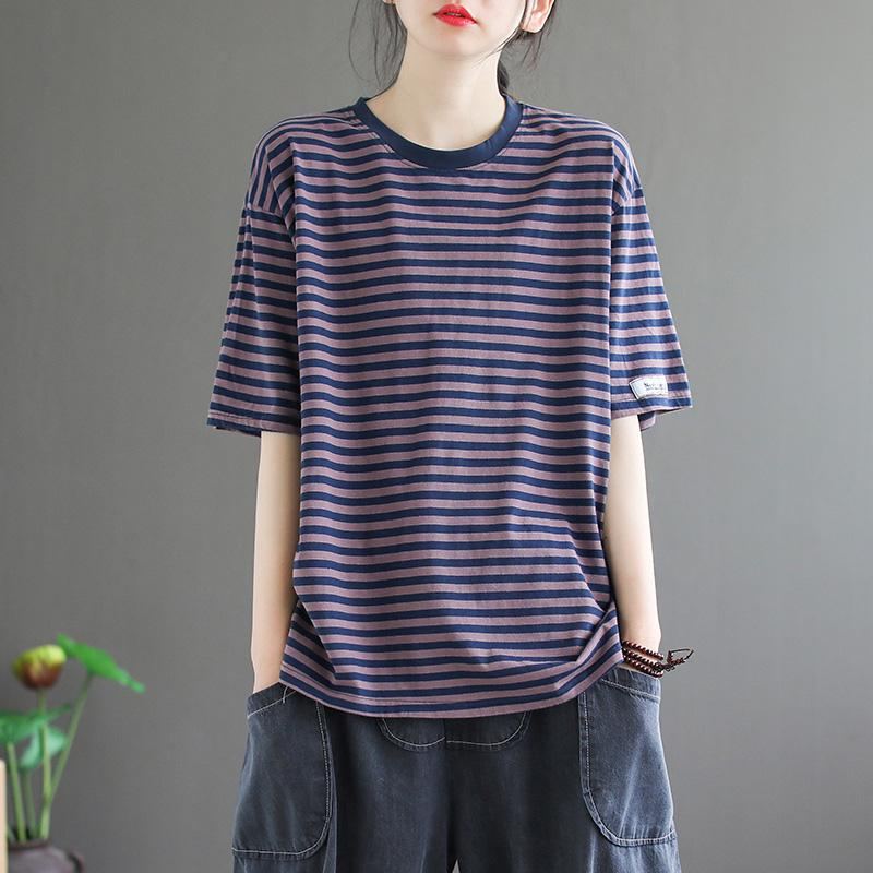 Loose Casual Lyhythihainen Cotton Stripe T-paita