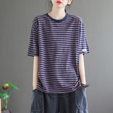 Loose Casual Lyhythihainen Cotton Stripe T-paita