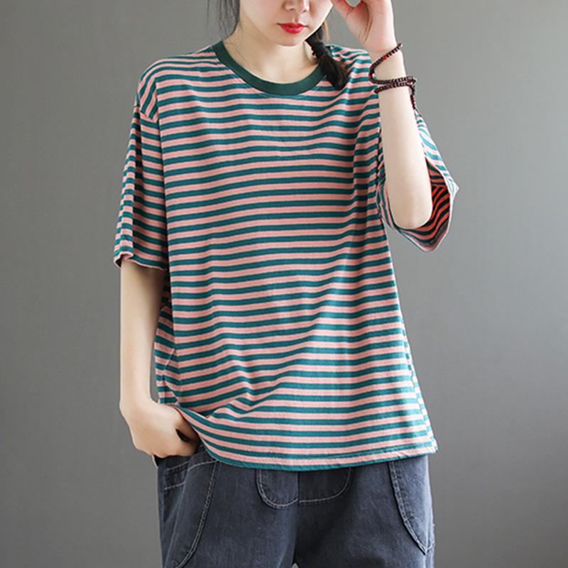 Loose Casual Lyhythihainen Cotton Stripe T-paita