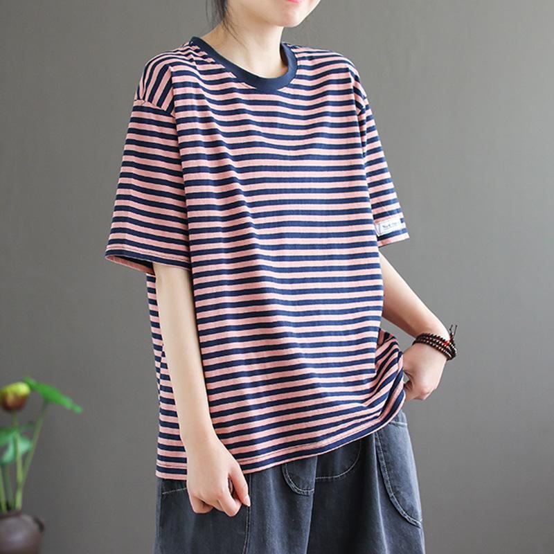 Loose Casual Lyhythihainen Cotton Stripe T-paita