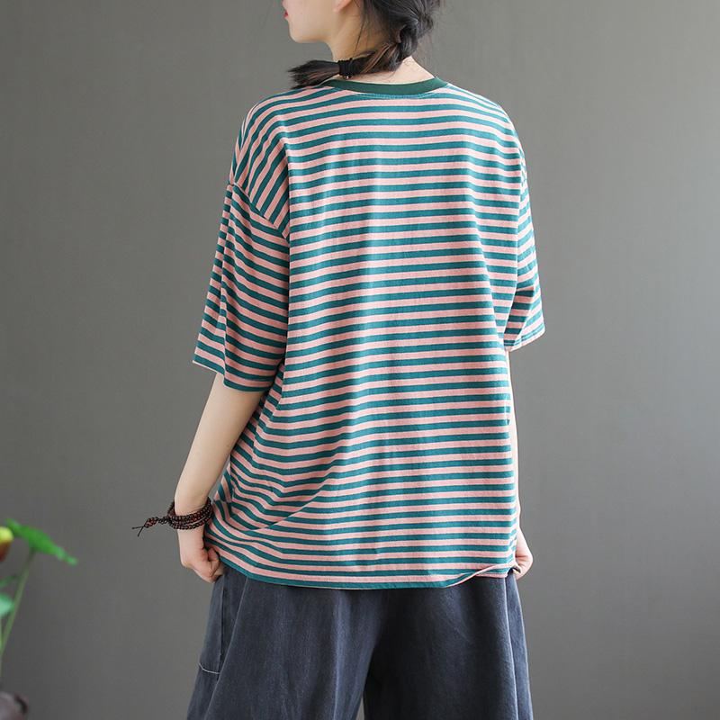 Loose Casual Lyhythihainen Cotton Stripe T-paita