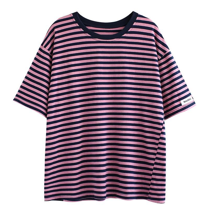 Loose Casual Lyhythihainen Cotton Stripe T-paita