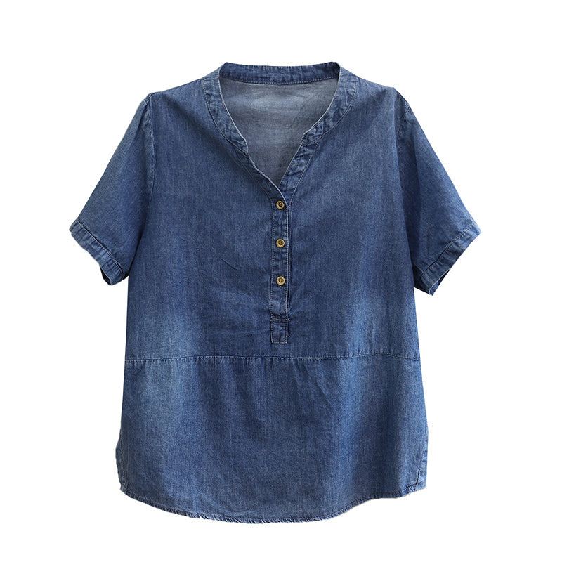 Naisten Kesämuoti Loose Tencel Cotton Denim T-paita