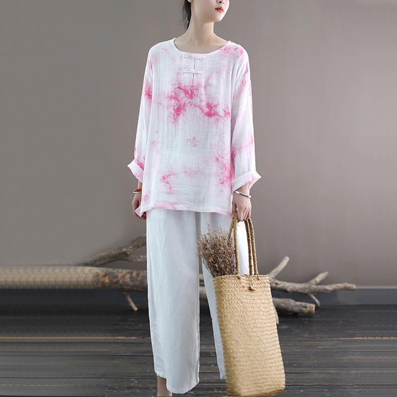 Retro Loose Tie-dye Lace Cotton Shirt