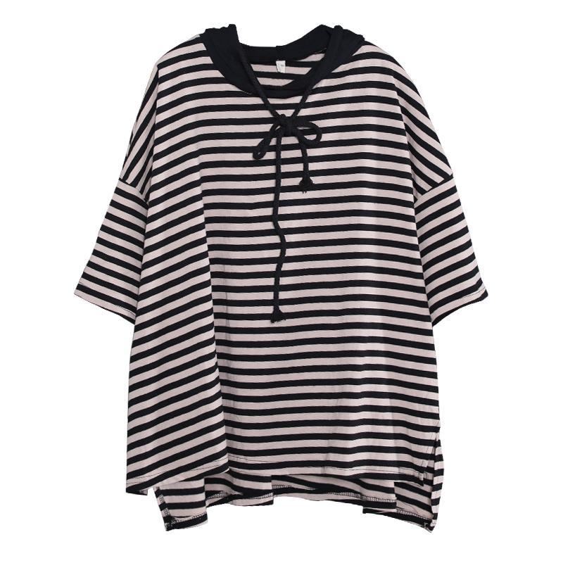 Stripes Cotton Casual Löysä Hupullinen Korkea Matala T-paita