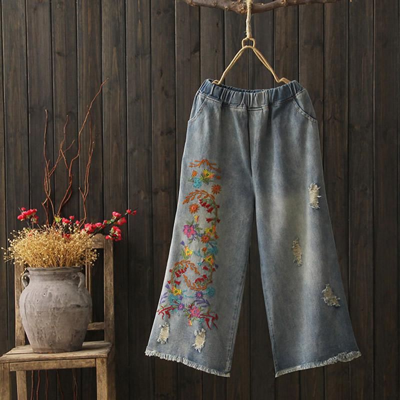 Autumn Vinatage Printing Loose Cotton Denim Leveälahkeiset Farkut