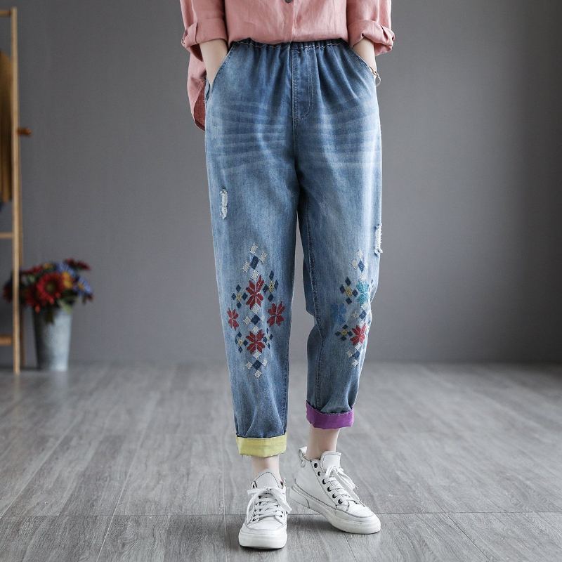 Kesäiset Retro Denim-kirjontahaaremihousut