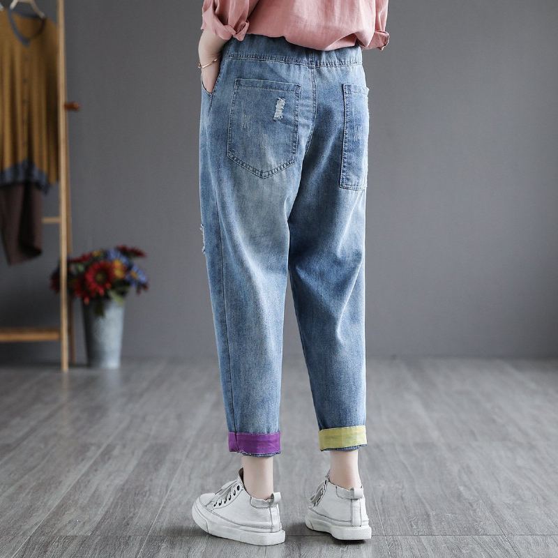 Kesäiset Retro Denim-kirjontahaaremihousut