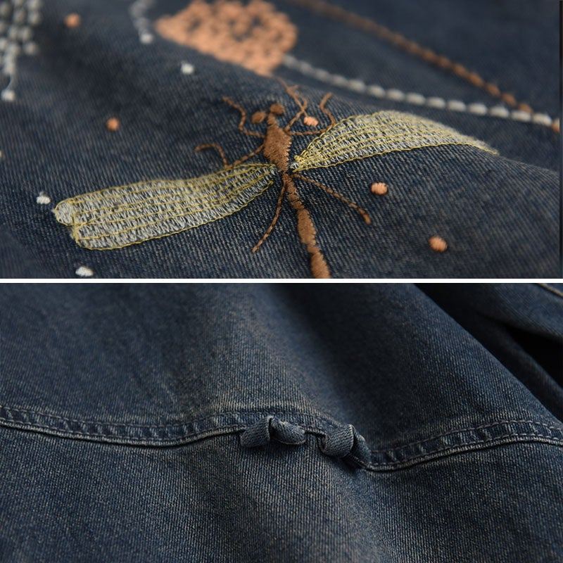 Naisten Loose Spring Retro Dragonfly Emboridery Cotton Farkut