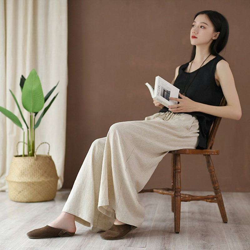 Solmittava Puuvillainen Pellava Culottes Pants