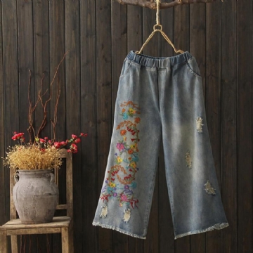 Autumn Vinatage Printing Loose Cotton Denim Leveälahkeiset Farkut