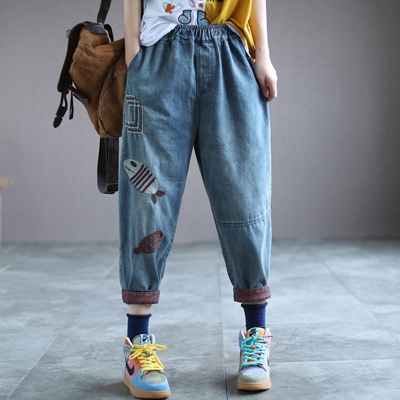 Retro Loose Fish Embroidery Hallen Denim Pants