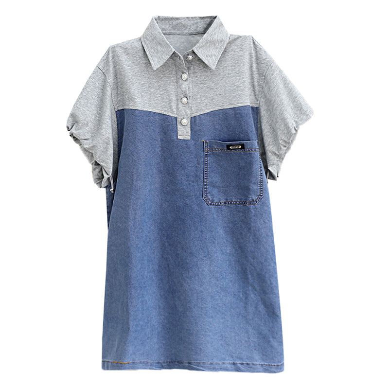 Kesäinen Loose Cotton Denim Patchwork-minimekko