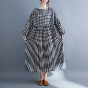 Plus Size Retro-ruudullinen Kevätpuuvillainen Pellavamekko