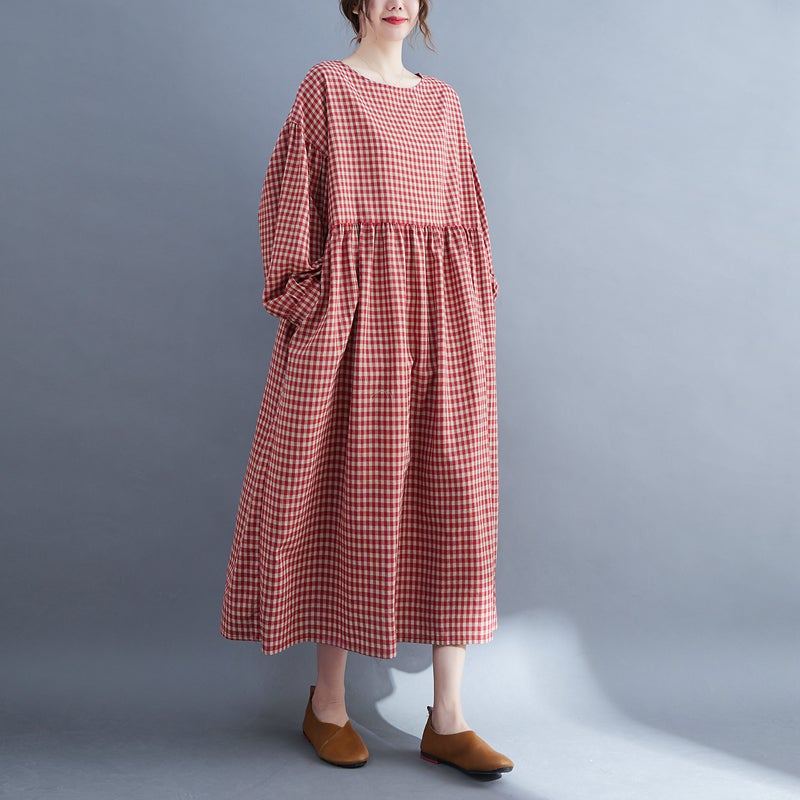 Plus Size Retro-ruudullinen Kevätpuuvillainen Pellavamekko