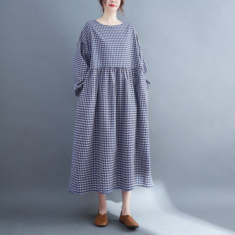 Plus Size Retro-ruudullinen Kevätpuuvillainen Pellavamekko