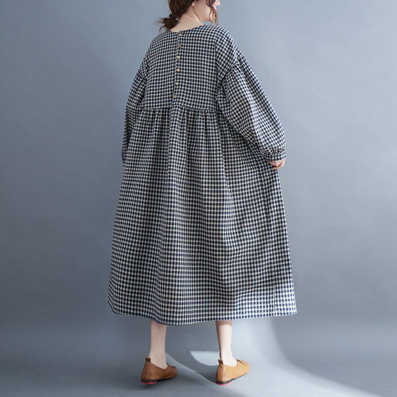 Plus Size Retro-ruudullinen Kevätpuuvillainen Pellavamekko