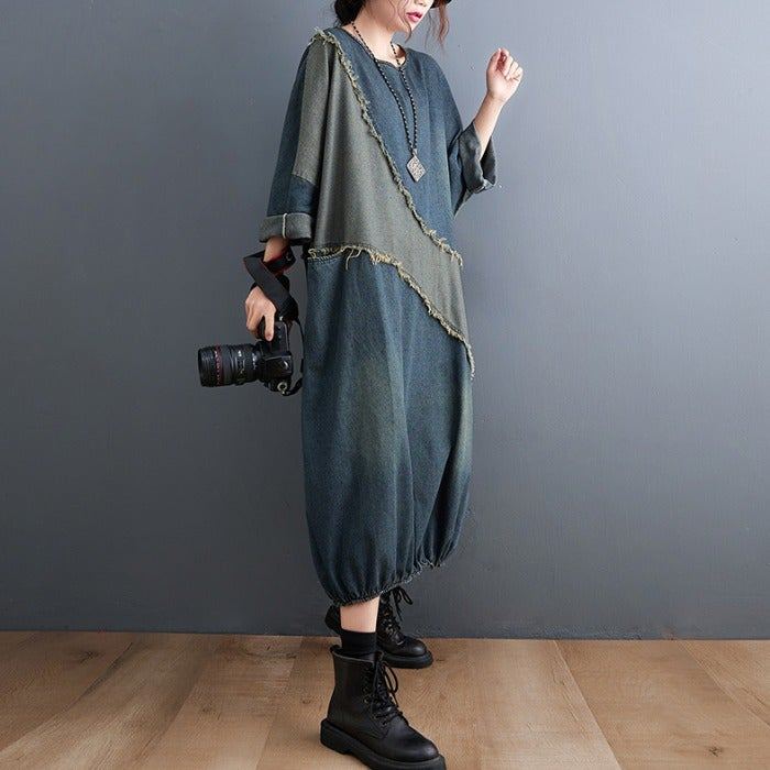 Spring Retro Patchwork Bat Sleeve Plus Size Denim Mekko