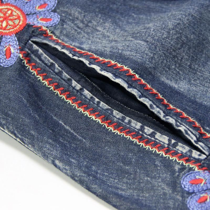 Vyötärövyö Brodeerattu Vintage Naisten Denim Pitkähihainen Mekko