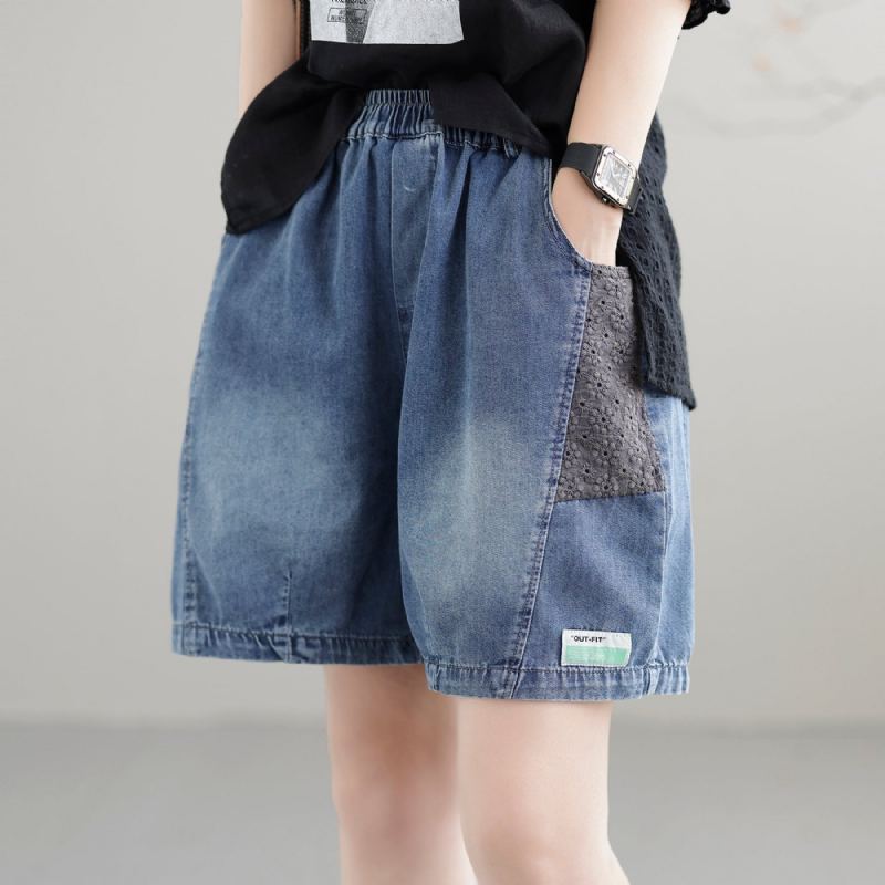 Naisten Kesäiset Patchwork Retro Loose Cotton Denim Shortsit