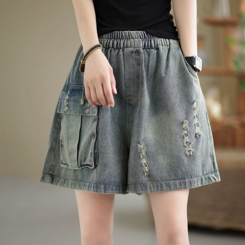 Naisten Retro Loose Summer Cotton Denim Shortsit