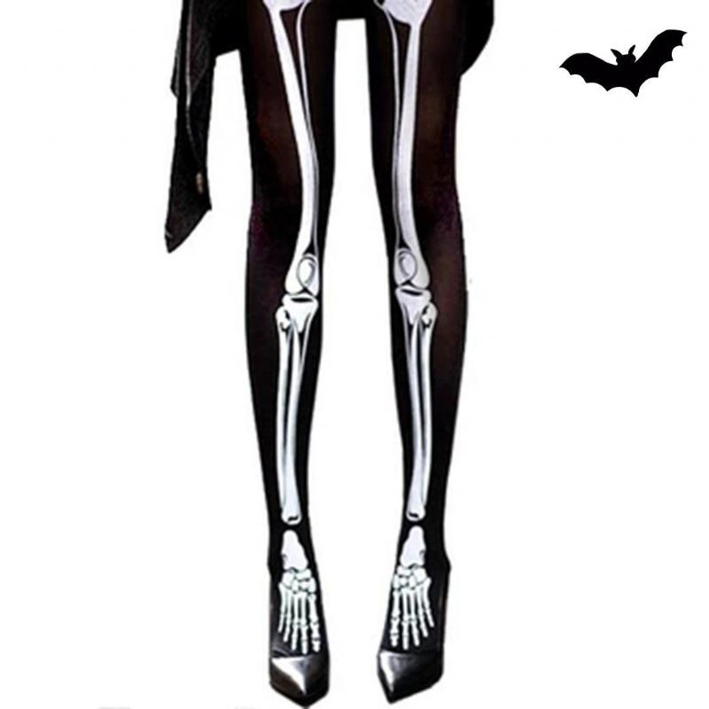 Halloween Tummanmustat Goottilaiset Thigh Bone Skeleton Silkkisukat